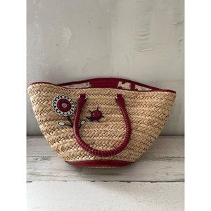 Brighton Straw Tote with Red Trim and Floral Appliqué